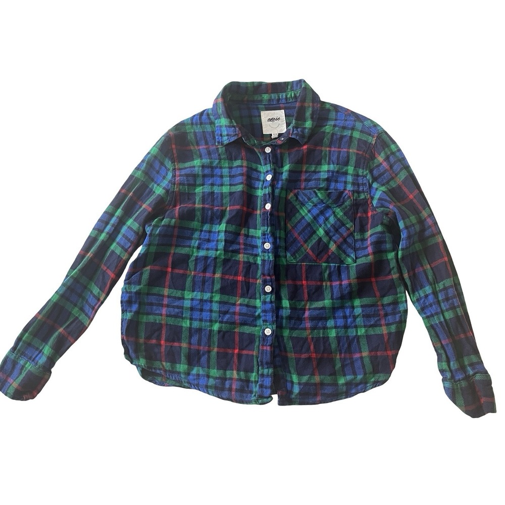 Aerie Women's Size XS Flannel Shirt Blue Green Red Dark Cropped Cotton Blend